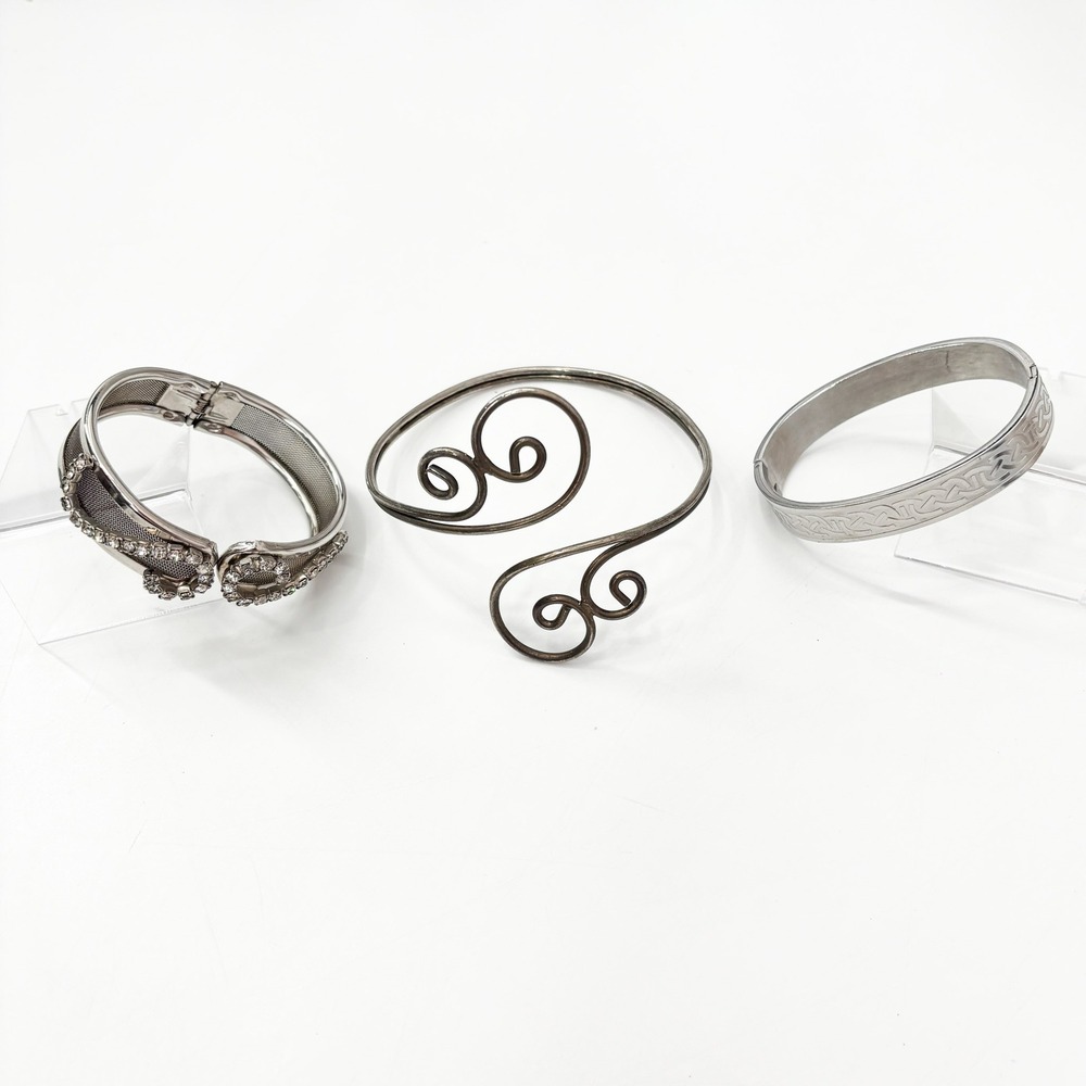 Silver Tone Bracelet Lot 3pc Rhinestone Celtic Pave Hinge Bangle, Swirl Arm Cuff